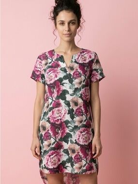 Valentina Naldi 100%Linen Pink Floral Short Sleeve Tunic Shift BoHo Dress-L